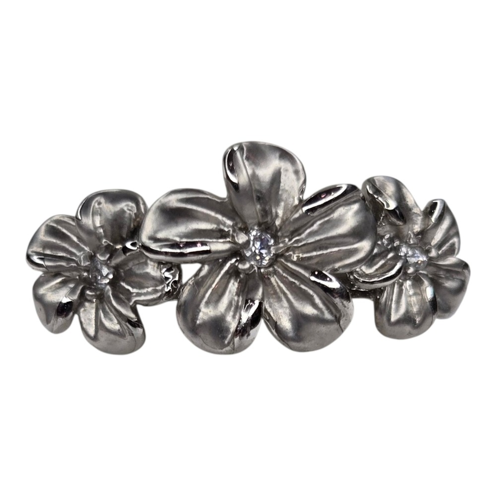Vintage Triple Flower Ring Size 7 Silver Tone‎ Excellent Floral Shimmer Stone